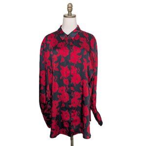 Chicos Floral Satin Silky Blouse Shirt Size 20  4 Red Black Ruched Zipper Cuffs